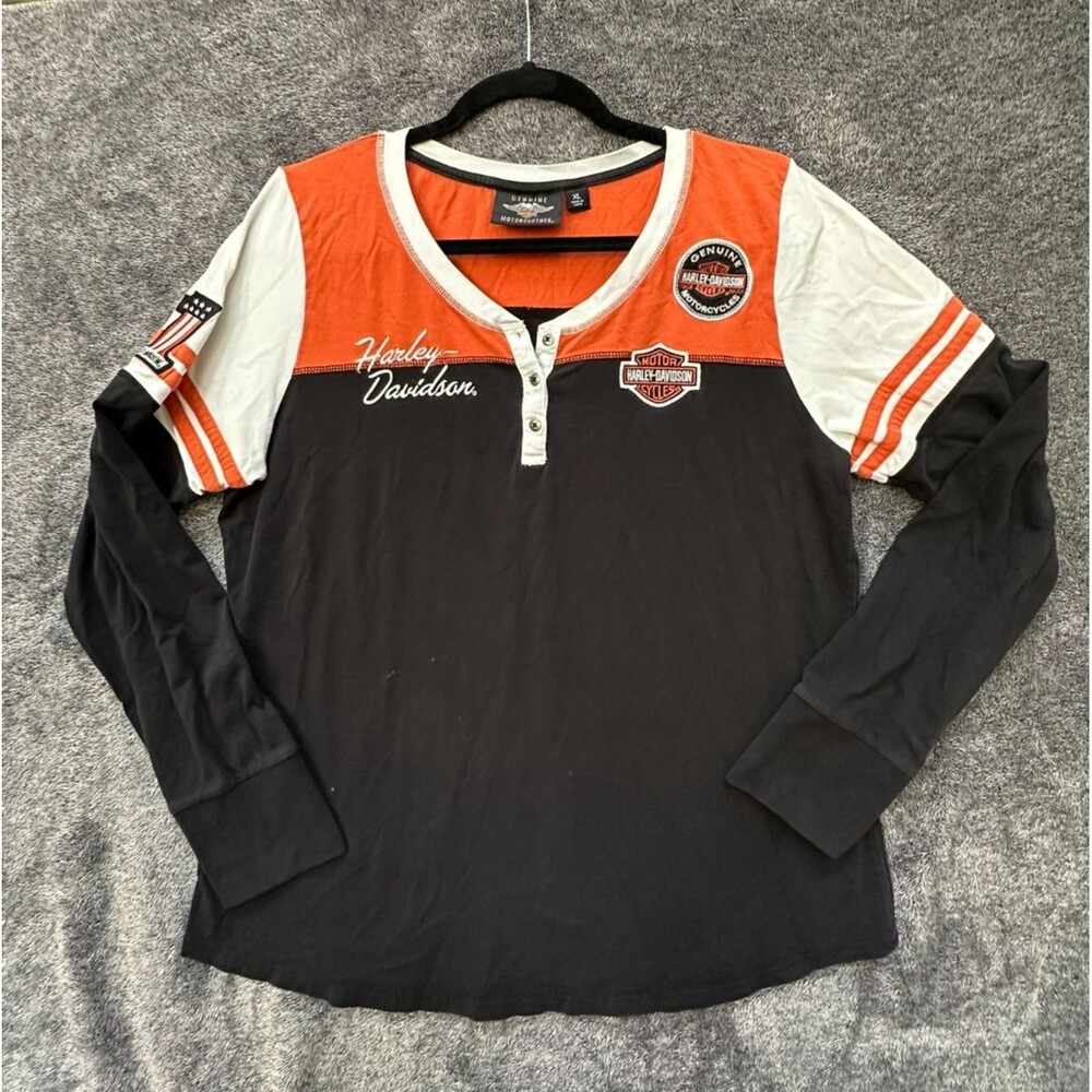 Harley Davidson Womens XL Long Sleeve Shirt Black Orange Moto Racing Biker